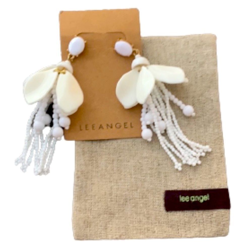 Lee Angel White Dangle Statement Earrings with Beaded Fringe + Gift Pouch